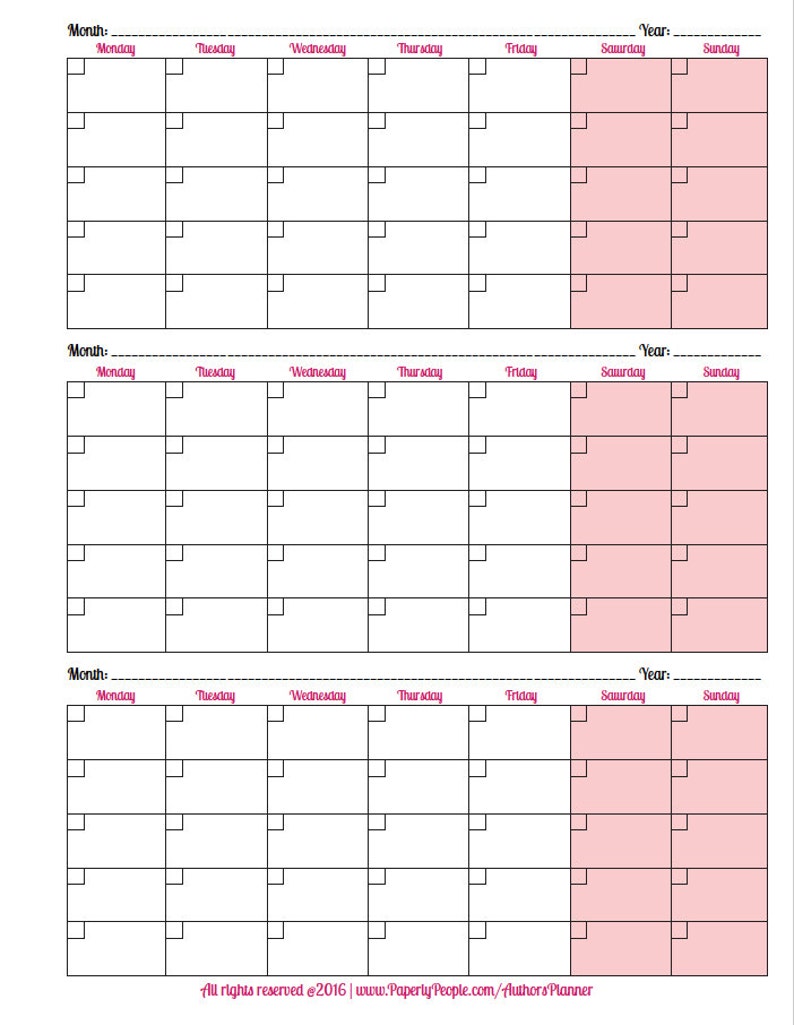 May include: A printable planner with three blank monthly calendars. Each calendar has a section for Monday through Sunday, with a larger section for Saturday and Sunday. The calendars are in black and white with a pink background for the weekend.