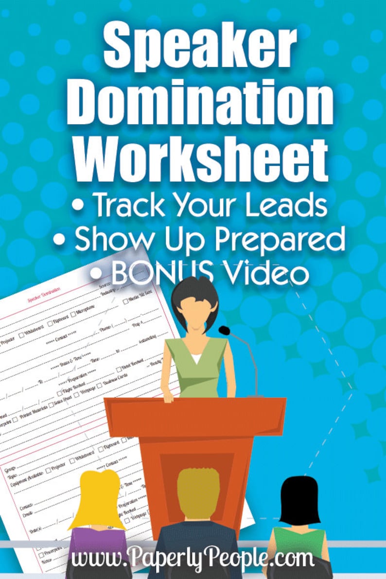 Puede incluir: Una hoja de trabajo titulada "Speaker Domination Worksheet" con una ilustraci&oacute;n de dibujos animados de una mujer hablando en un podio. La hoja de trabajo incluye consejos para hacer un seguimiento de los clientes potenciales y prepararse para las presentaciones. El texto "BONUS Video" tambi&eacute;n est&aacute; incluido en la hoja de trabajo.