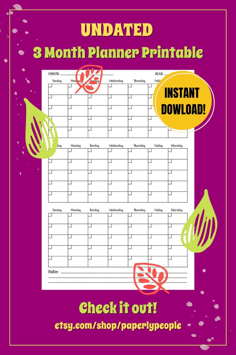 3 Month Calendar | Printable Planner Sheet | 8.5X11 Letter Sized ...