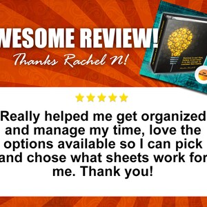 May include: An orange and yellow graphic with the words "AWESOME REVIEW!" and "Thanks Rachel N!" in white. A black binder with a yellow lightbulb design is in the upper right corner. The review text says it helped organize time.