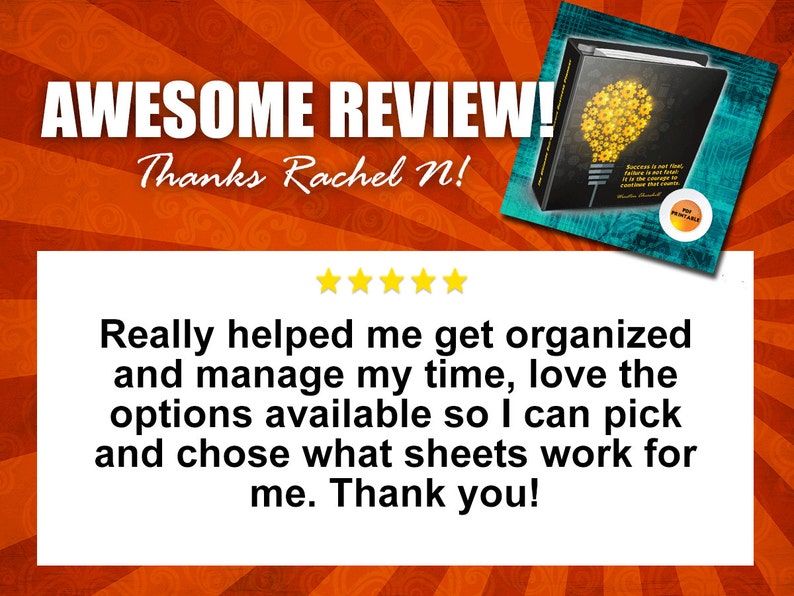 May include: An orange and yellow graphic with the words "AWESOME REVIEW!" and "Thanks Rachel N!" in white. A black binder with a yellow lightbulb design is in the upper right corner. The review text says it helped organize time.
