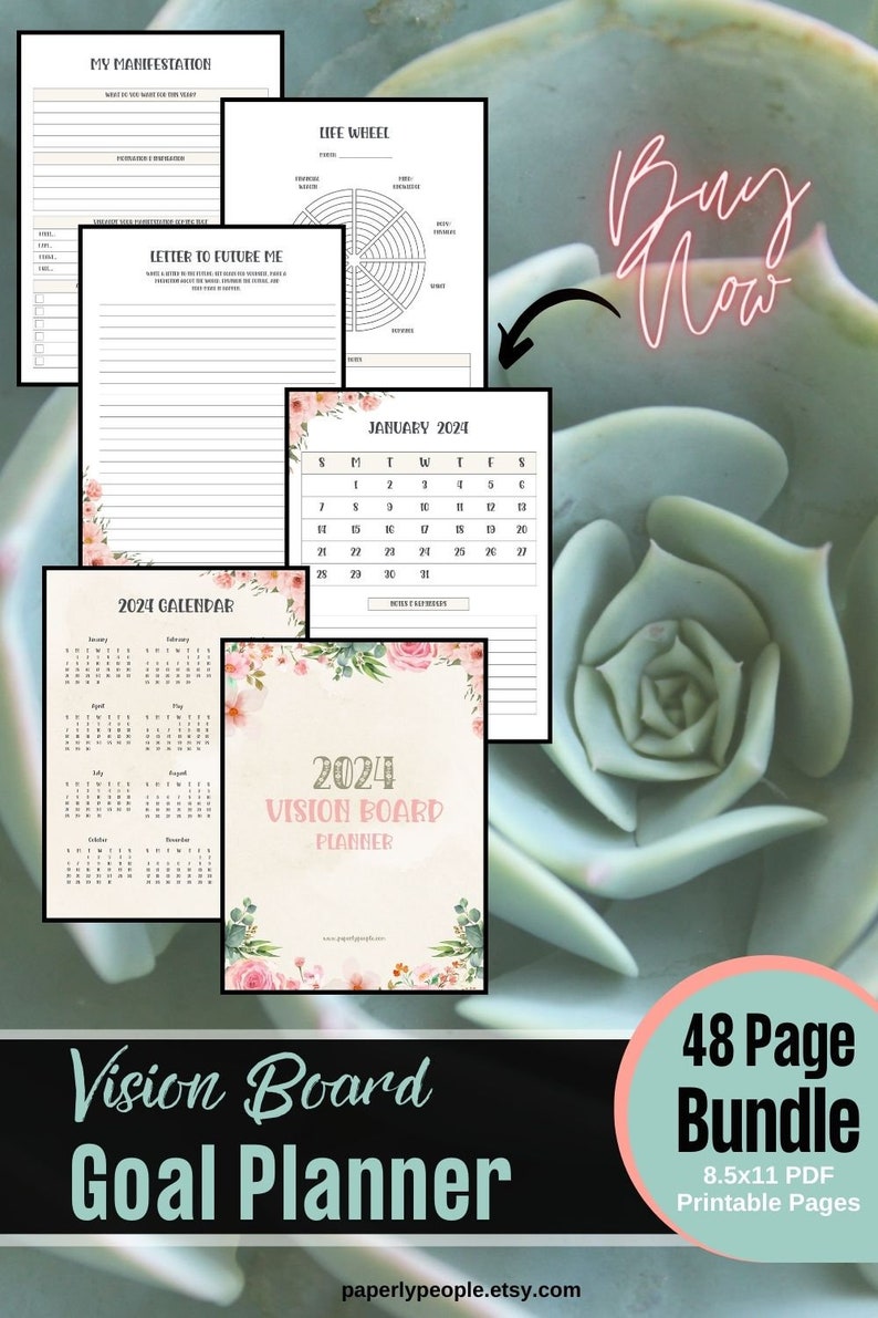 2024 Vision Board Planner Printable 48 Page Bundle 8.5x11 US Letter PDF Printable Planner Manifesting Affirmations image 4