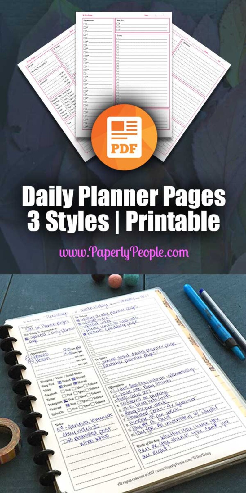 May include: A close-up of a daily planner page with handwritten notes in blue ink. The planner has a black and white design with a section for appointments, to-dos, notes, and a quote of the day. The planner is open to a Wednesday page.