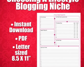 Printable Worksheet - Choosing A Lifestyle Blogging Niche, Marketing Form, How To, Instant Download, Business, 8.5X11, ARC, 3 Ring Binder