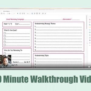 May include: A computer screen displaying a worksheet for planning an email marketing campaign. The worksheet includes sections for brainstorming message themes and topics, as well as questions about the target audience, budget, and goals. The screen is titled "Email Marketing Campaign".