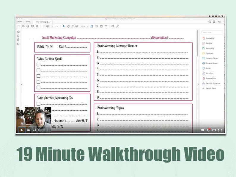 May include: A computer screen displaying a worksheet for planning an email marketing campaign. The worksheet includes sections for brainstorming message themes and topics, as well as questions about the target audience, budget, and goals. The screen is titled "Email Marketing Campaign".