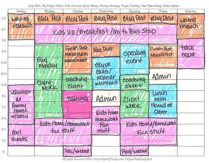 Op de afbeelding: Een weekplanner met een kleurrijke grid-indeling. Elke dag van de week is gelabeld met een andere kleur. De planner bevat taken zoals "Blog Post", "Kids Up/Breakfast/Go to Bus Stop", "Client Work", "Admin", "Lunch with Friend or Client", "Track Meet", "Volunteer at Bunny House w/Desy", "Girl Scouts", "Prac/Workout", and "Prod/Workout".