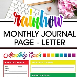 Rainbow Journal Monthly Printable Planner Page, US Letter Size 8.5 X 11, Planners Inserts, Colorful Pretty Cute Happy image 3