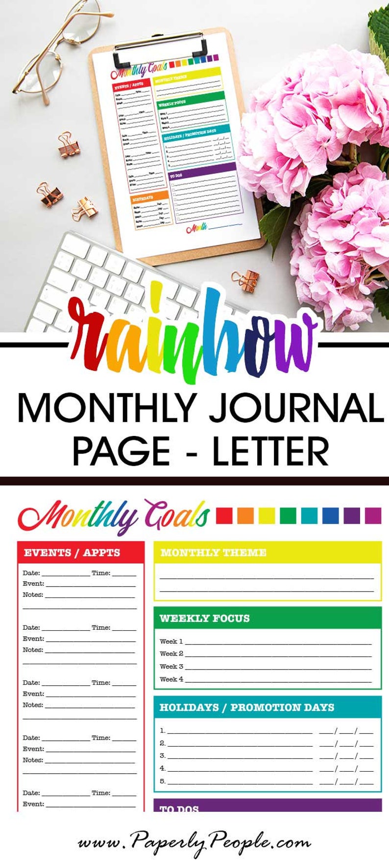 Rainbow Journal Monthly Printable Planner Page, US Letter Size 8.5 X 11, Planners Inserts, Colorful Pretty Cute Happy image 3