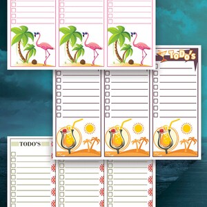 May include: A collection of colorful to-do list notepads. Designs include pink flamingos with palm trees, tropical drinks, and watermelon slices. Each notepad has a checklist format with the words "to do's!" or "TODO'S" at the top.