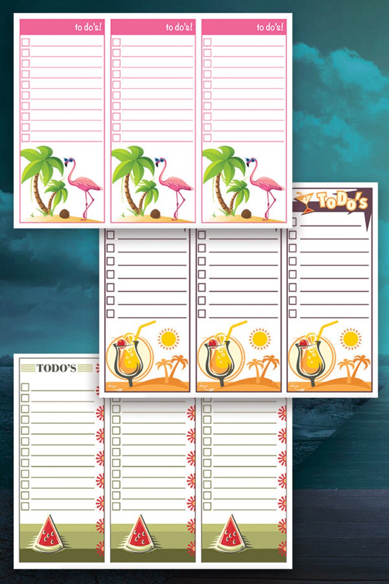 May include: A collection of colorful to-do list notepads. Designs include pink flamingos with palm trees, tropical drinks, and watermelon slices. Each notepad has a checklist format with the words "to do's!" or "TODO'S" at the top.