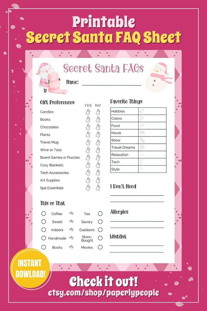 Secret Santa Questionnaire 8.5x11 Printable PDF Gift Exchange Friendsmas Office Christmas Party image 2