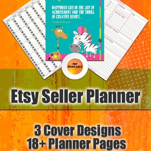 May include: A printable Etsy seller planner with three cover designs featuring a giraffe, zebra, and alligator. The planner includes 18+ pages to help organize your Etsy shop. The quote "Happiness lies in the joy of achievement and the thrill of creative effort." by Franklin D. Roosevelt is featured on the cover.