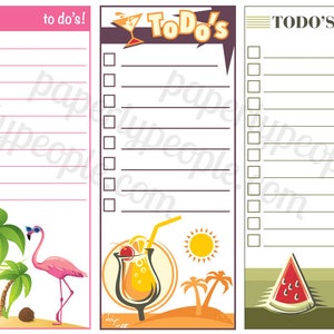 May include: Three colorful to-do list notepads. The first features a pink background with the text "to do's!" and a flamingo. The second has a cocktail graphic and the text "To Do's". The third has a watermelon slice and the text "TODOS".