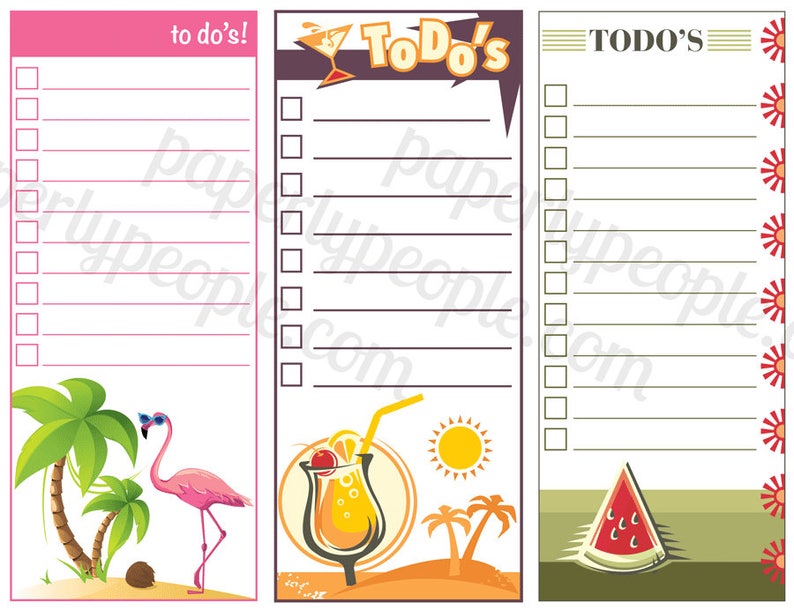 May include: Three colorful to-do list notepads. The first features a pink background with the text "to do's!" and a flamingo. The second has a cocktail graphic and the text "To Do's". The third has a watermelon slice and the text "TODOS".