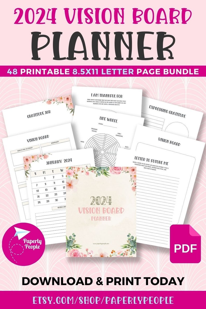 2024 Vision Board Planner Printable 48 Page Bundle 8.5x11 US Letter PDF Printable Planner Manifesting Affirmations image 1