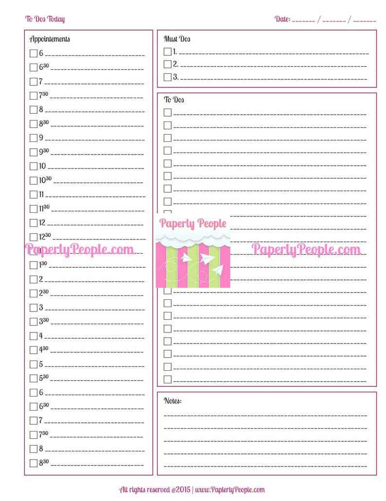 May include: A white and pink daily planner page with sections for appointments, must-dos, and to-dos. The planner includes a decorative graphic and the website address "PaperlyPeople.com". The date section is at the top right.