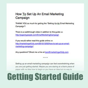 May include: A screenshot of a blog post titled "How To Set Up An Email Marketing Campaign". The post includes a thank you message, links to a walkthrough video and an online guide, and contact information for the author. The post also includes a section titled "Getting Started Guide" with text about setting up an email marketing campaign.
