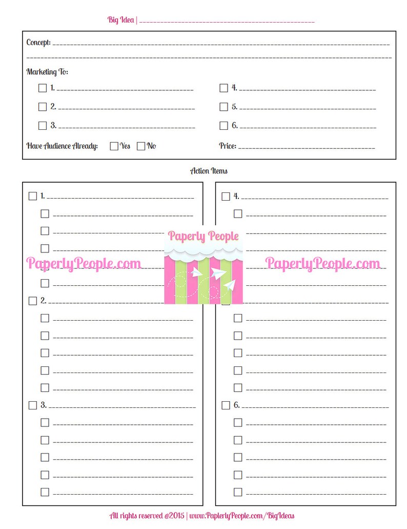 May include: A white printable planner page with dotted lines for notes and checklists. The page includes sections for 'Concept,' 'Marketing To,' and 'Action Items.' The 'Paperly People' logo is visible. Text includes 'Big Idea' and 'Have Audience Already'.
