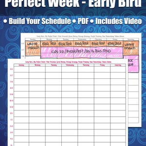 Op de afbeelding: Een printbare weekplanner met een kleurgecodeerd systeem voor het organiseren van taken. De planner heeft de titel "Color Coding Your Perfect Week - Early Bird" en bevat een sectie voor "Kids Up/Breakfast/Go to Bus Stop".