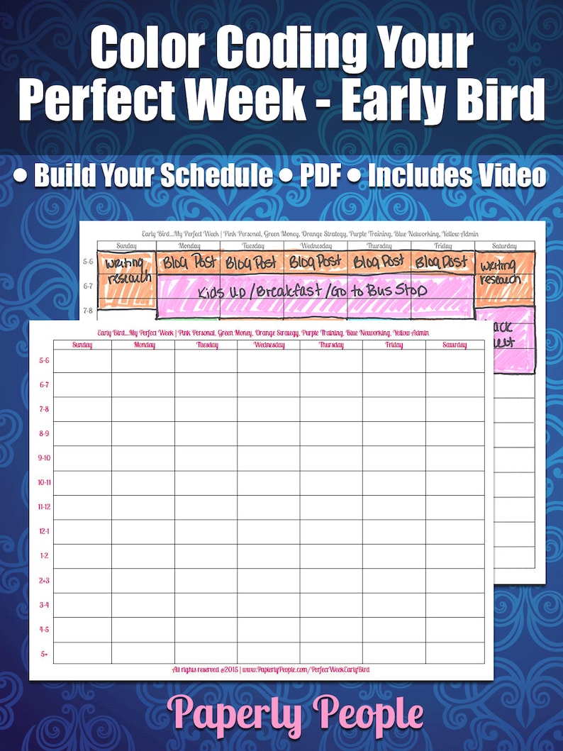 Op de afbeelding: Een printbare weekplanner met een kleurgecodeerd systeem voor het organiseren van taken. De planner heeft de titel "Color Coding Your Perfect Week - Early Bird" en bevat een sectie voor "Kids Up/Breakfast/Go to Bus Stop".