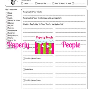 May include: A printable worksheet with a pink and green logo that says "Paperly People" and a checklist for creating a customer journey map. The checklist includes sections for product, customer type, price, customer age, need to have, to have, awareness, thoughts about your industry, thoughts about you or your company, and what are they looking for when they are just starting out.