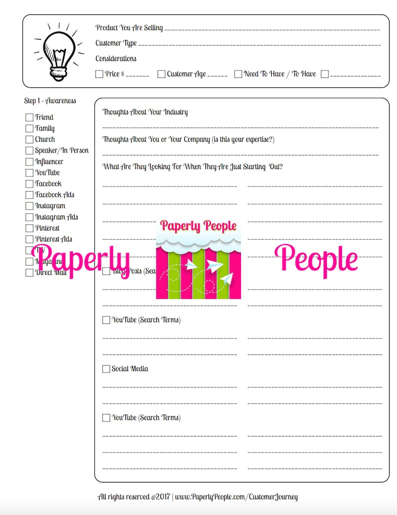 May include: A printable worksheet with a pink and green logo that says "Paperly People" and a checklist for creating a customer journey map. The checklist includes sections for product, customer type, price, customer age, need to have, to have, awareness, thoughts about your industry, thoughts about you or your company, and what are they looking for when they are just starting out.
