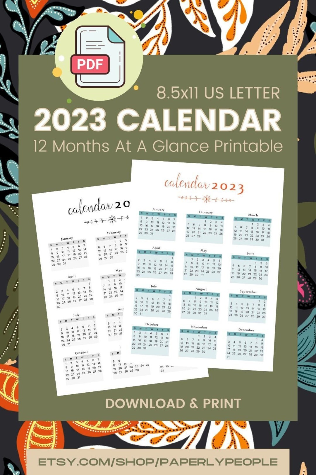 2023 Calendar Printable One Year Calendar Printable Etsy