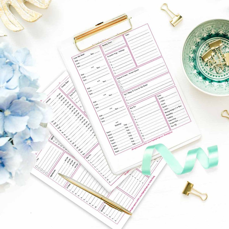 May include: Three white printable checklists with pink borders. The checklists are titled "Wedding Day Timeline", "Vendor Info", and "Tips & Things For The Week Of".