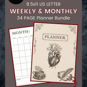 May include: A downloadable planner bundle with weekly and monthly layouts, 8.5x11 US Letter size. The cover features a heart illustration, a cup of tea, and a quill. The monthly layout includes a calendar grid. The text reads "WEEKLY & MONTHLY 34 PAGE Planner Bundle".