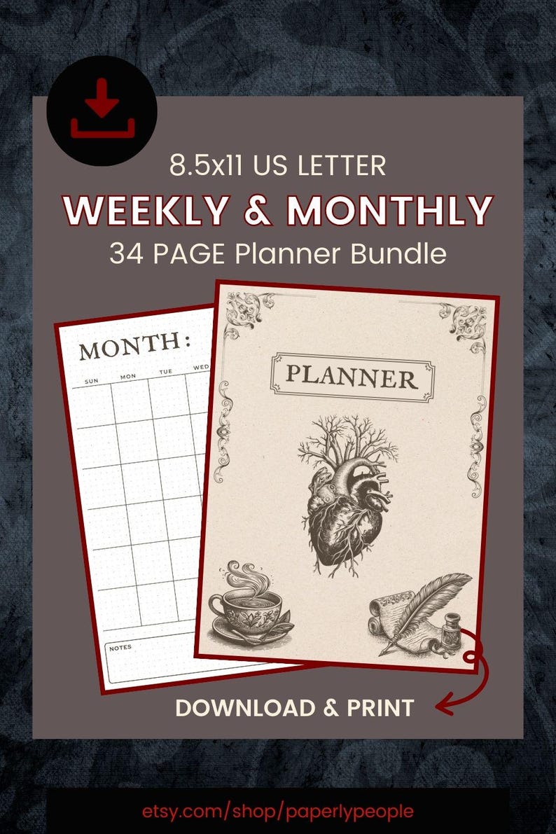 May include: A downloadable planner bundle with weekly and monthly layouts, 8.5x11 US Letter size. The cover features a heart illustration, a cup of tea, and a quill. The monthly layout includes a calendar grid. The text reads "WEEKLY & MONTHLY 34 PAGE Planner Bundle".
