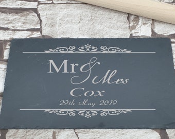 Personalised Engraved Cheese Board, MR & MRS Serving Board, Natural Slate Personalised Cheese Board, Personalised Wedding Anniversary Gift