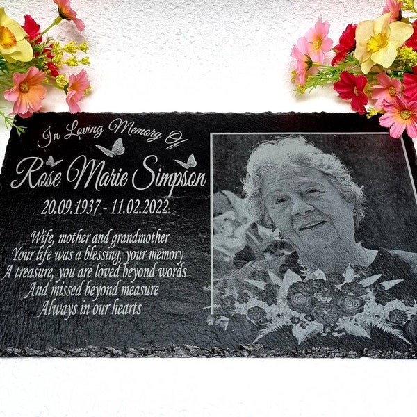 Personalised Memorial Slate Plaque Grave Marker With Picture Engraved, Personalised Memorial Large Grave Plaque With Photo, Waterproof