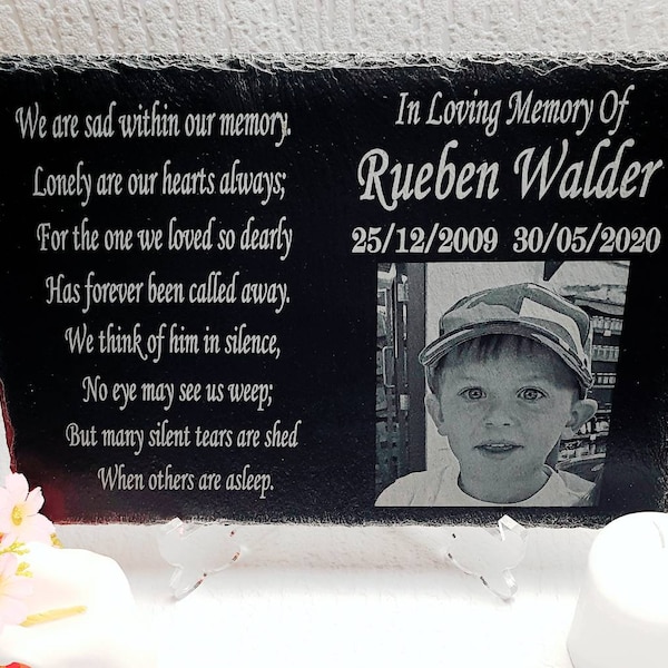 Personalised Engraved Memorial Slate Plaque With Photo on Stand, Indoor Standing Memorial Sign, Personalised Memorial Large Grave Plaque