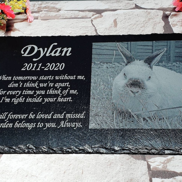 Personalised Memorial Slate Plaque For Pet Rabbit Engraved With Picture Name Date And Message Pet loss Memorial Plaque For Rabbit Waterproof