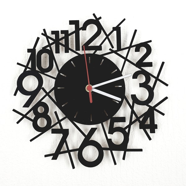 Wall Clock MDF Black with Modern Design 30cm, Black Wall Clock Abstract, Silent Wall Clock, Silent Clock, Christmas Gift