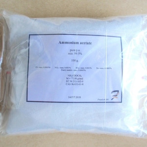 May include: A white resealable plastic bag containing a white powder labelled "Ammonium acetate, pure p.a., min. 99.5%, 100 g."