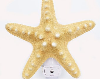 Real Seashell Night Light Tan Starfish Decorative Beach Decor 5" Choose On/Off Switch, Automatic Sensor or Rotating Base