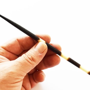 May include: A porcupine quill, held in a hand, is black and white with a sharp point. The quill has alternating bands of dark brown and cream colors. The quill is a natural item.