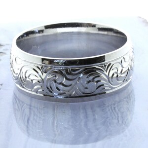 Hand Engraved 14K White Gold Wedding Band - Art Deco Scroll Ring