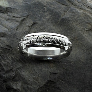 6mm Sterling Silver Leaf Band Ring: Hand Engraved Wedding Band