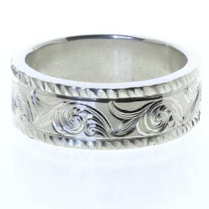 Hand Engraved Sterling Silver Wedding Band: Leaf & Scroll Design