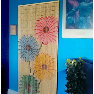 Beaded String™ Hand Painted Bamboo Beaded Curtain-Bohemian Door Beads--Painted on both sides-35.5&quot; Wide x 79&quot; High-90 Strands-Flowers