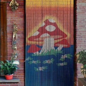 Hand Painted Bamboo Beaded Curtain: Bohemian Mushroom Door Beads-90 Strands- (35.5"x79")