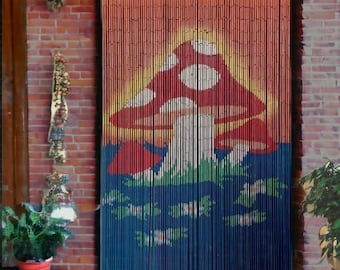 Cortina de cuentas de bambú pintada a mano: Cuentas de puerta estilo boho con forma de seta - 90 hebras - (35,5" x 79")