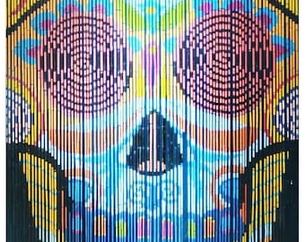 Cortina de cuentas de bambú pintada a mano: Cuentas de puerta con calaveras estilo boho - 90 hebras - (35,5" x 79")