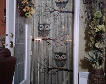 Hand Painted Owl Beaded Curtain: Bamboo Boho Doorway Decor, 90 Strands (35.5" Wx79" H)