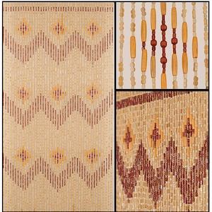May include: A beaded curtain made of natural wood beads in shades of brown and beige. The beads are arranged in a geometric pattern, creating a decorative and functional room divider.