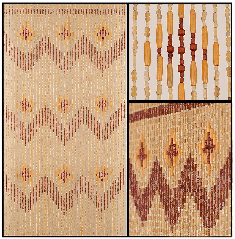 May include: A beaded curtain made of natural wood beads in shades of brown and beige. The beads are arranged in a geometric pattern, creating a decorative and functional room divider.