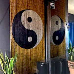 Beaded String™ Hand Painted Bamboo Beaded Curtain-Bohemian Door Beads-Ying Yang-Painted on both sides-35.5&quot; Wide x 79&quot; High-90 Strands-Tao